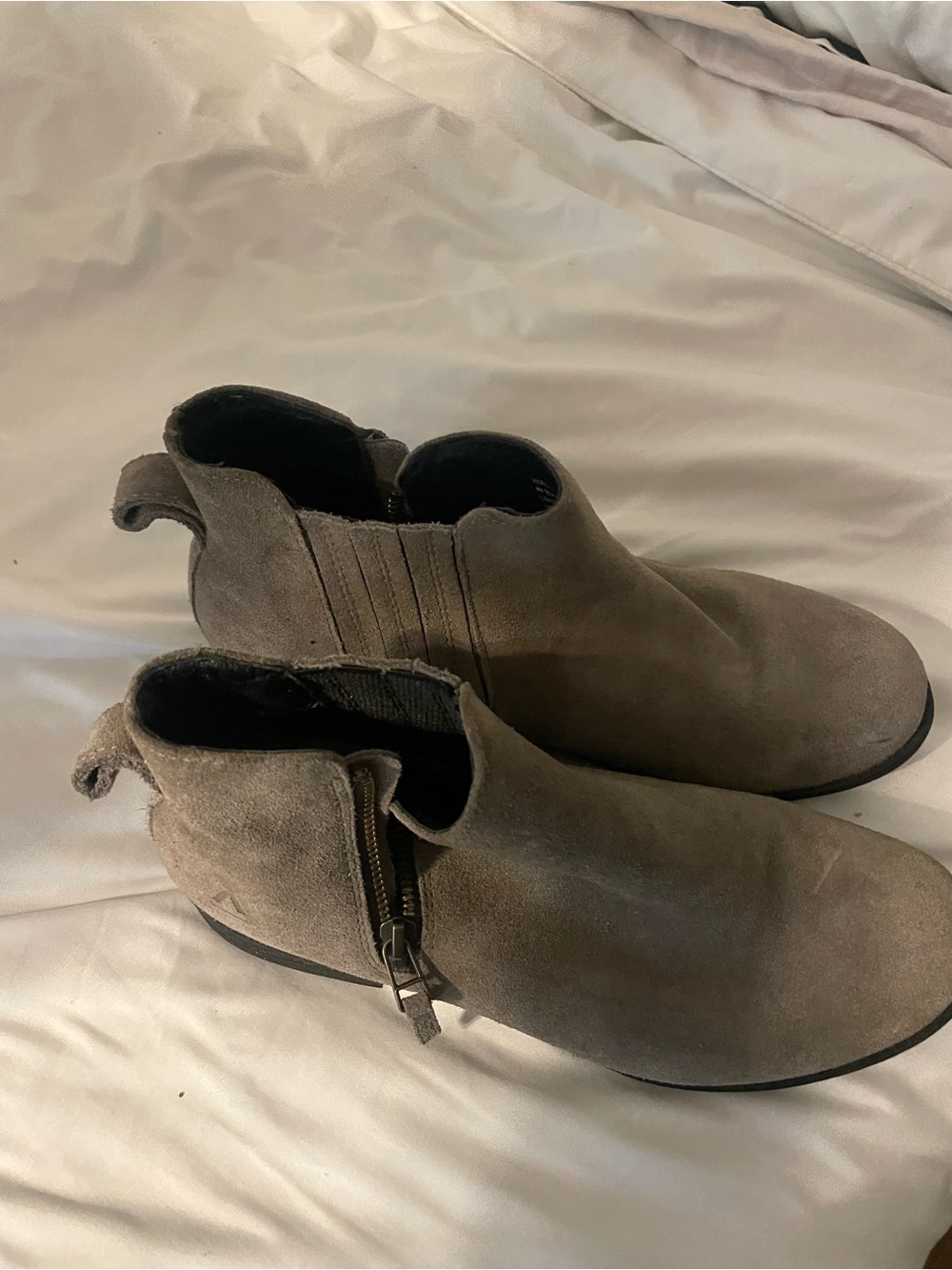 Abeo Taupe Suede Ankle Booties with Side Zip